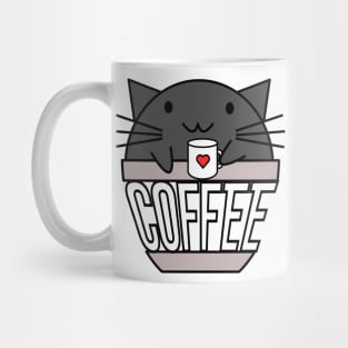 Happy cat in coffee cup holding a cup with warped text black Mug